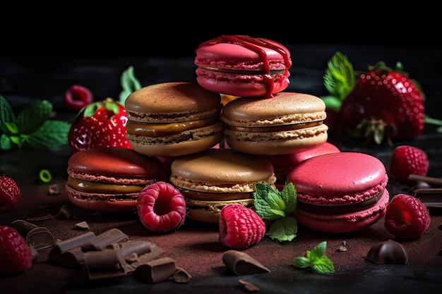 Colorful French macarons stacked on darck place close up dark background Generative AI