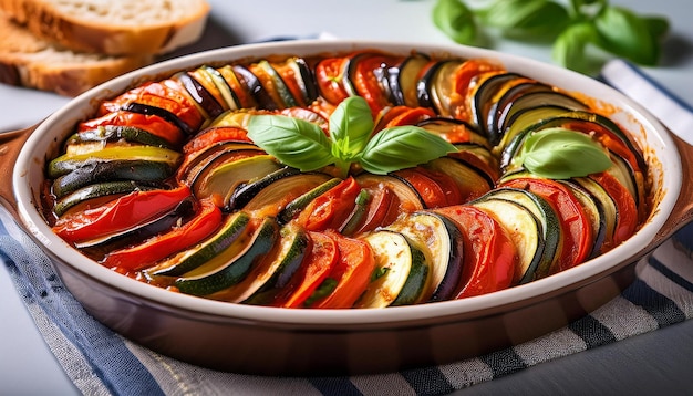 Photo colorful french ratatouille with thinly sliced zucchini and vegetables