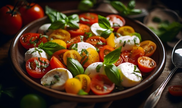 Colorful and fresh caprese salad with tomatoes and mozzarella Generative AI