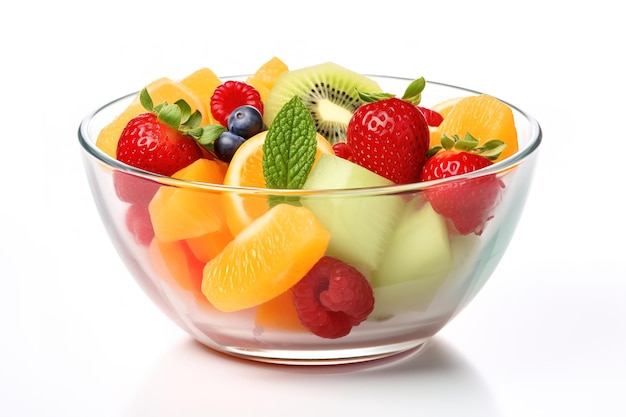 Photo colorful fresh fruit salad displayed in clear glass bowl on a bright day on white or png transparent background