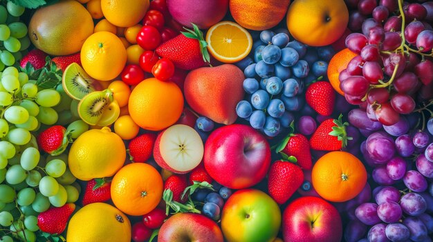 Colorful fresh fruits top view in a rainbow gradient