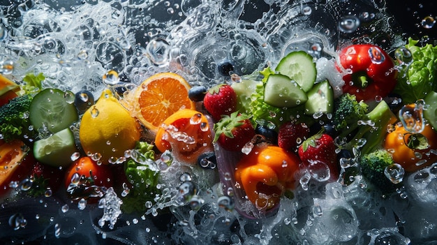 Colorful fresh fruits and vegetables engulfed in a dynamic water splash on a dark background