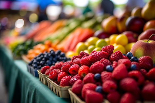 Colorful fresh produce at a bustling summer farmers market