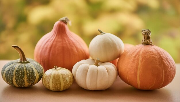 Colorful fresh pumpkins Organic farm product Autumn harvest Fall season Blurred natural backdrop