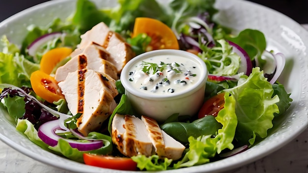 A colorful and fresh salad with chicken tofu and a variety of greens vegetables