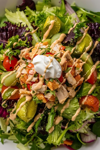 Photo a colorful and fresh salad with chicken tofu and a variety of greens vegetables