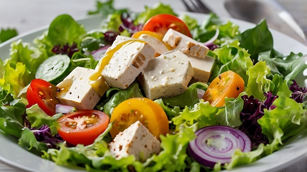 A colorful and fresh salad with chicken tofu and a variety of greens vegetables