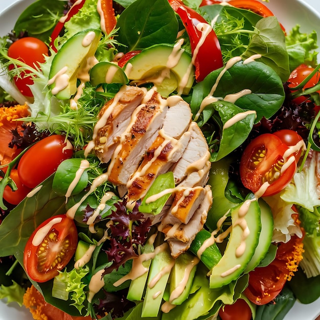 A colorful and fresh salad with chicken tofu and a variety of greens vegetables