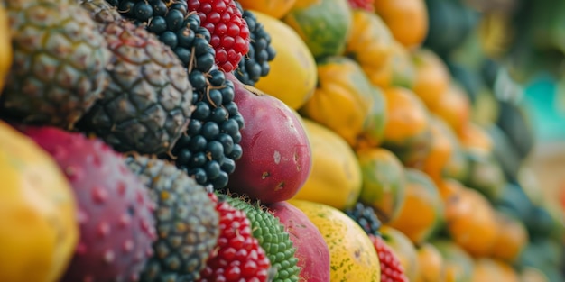 Colorful Fresh Tropical Fruits Arranged in Creative Display for Market Stand