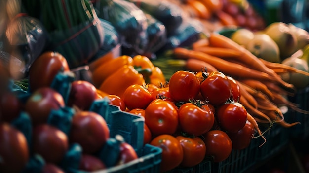 Photo colorful fresh vegetables display at market stall