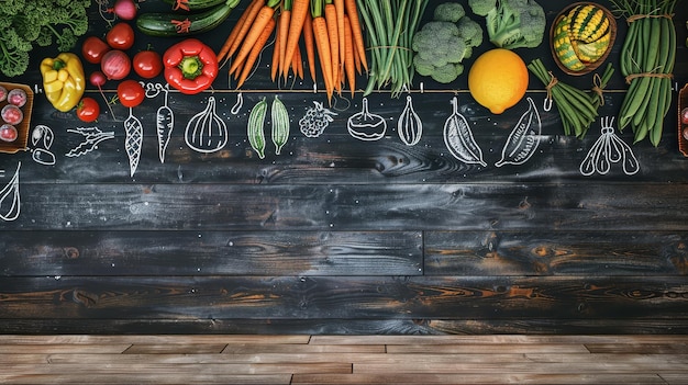 Colorful Fresh Vegetables on Rustic Wooden Background with Chalkboard Drawings