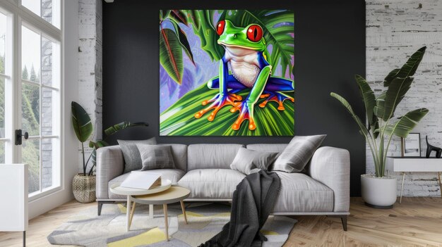 Photo a colorful frog painting on a canvas leans against a gray wall above a gray couch in a modern living room