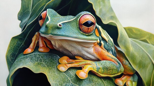 Photo a colorful frog perched on a green leaf