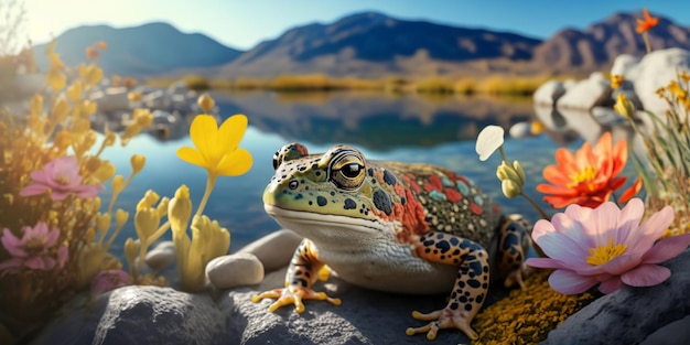 Colorful frog standing on rock surrounded by flowers and river background Generative Ai