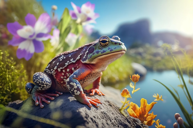 Colorful frog standing on rock surrounded by flowers and river background Generative Ai