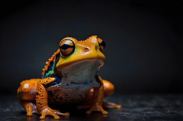 a colorful frog with a red eye and a black background