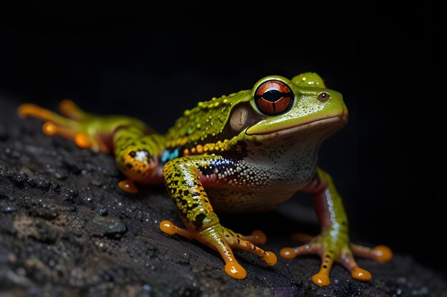 a colorful frog with a red eye and a black background