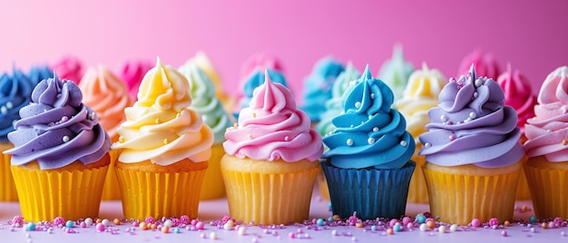 Colorful Frosted Cupcakes on Vibrant Background