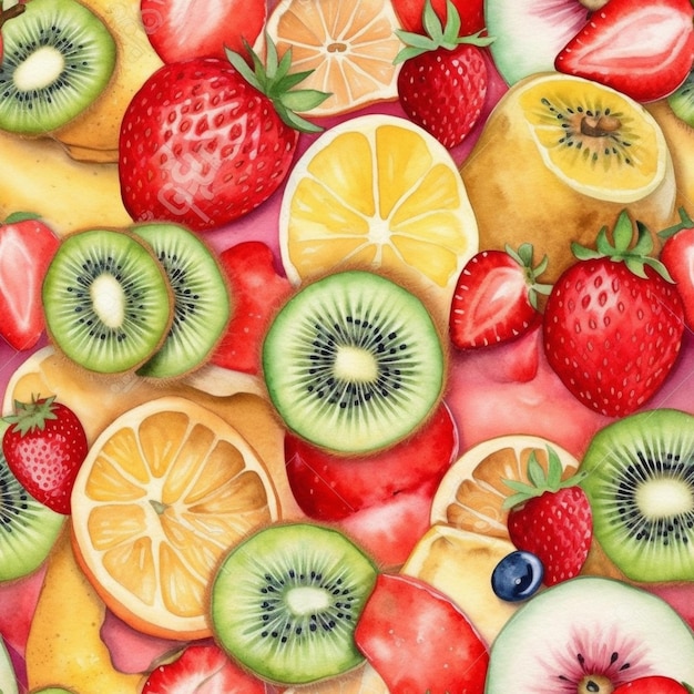 A colorful fruit background with a lot of fruits.