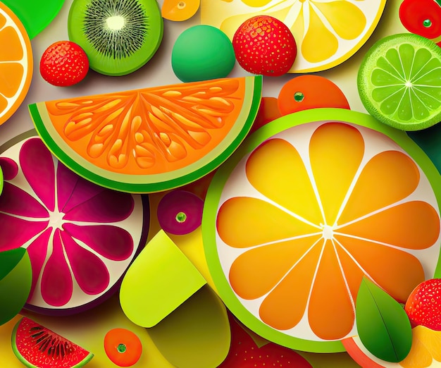 A colorful fruit background with a variety of fruits.