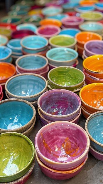 Photo colorful fruit bowls and handcrafted pottery on rustic shelves