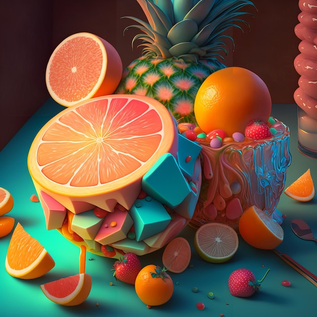 A colorful fruit and a cup with a light on it