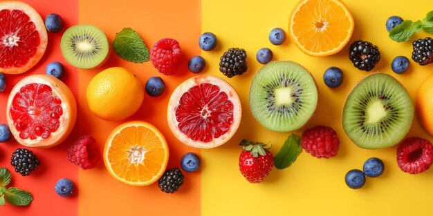 A colorful fruit display with oranges kiwis and strawberries