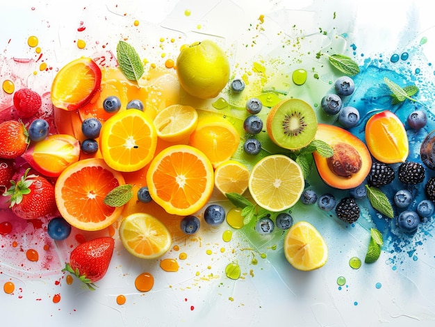 A colorful fruit display with oranges lemons kiwis strawberries