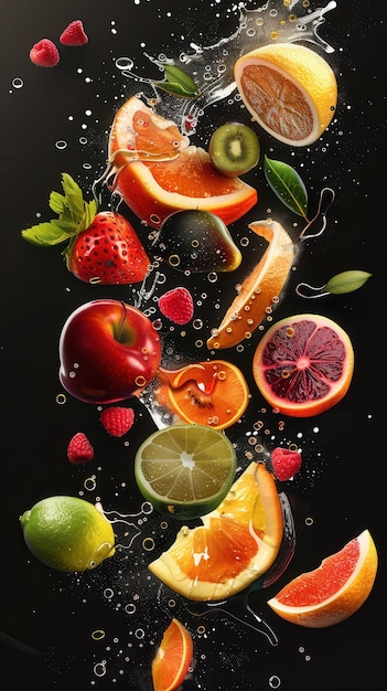 Photo colorful fruit explosion a vibrant and dynamic concept featuring flying fruits in high detail