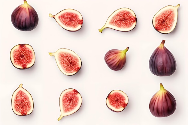 Colorful fruit pattern of fresh figs on white background top view