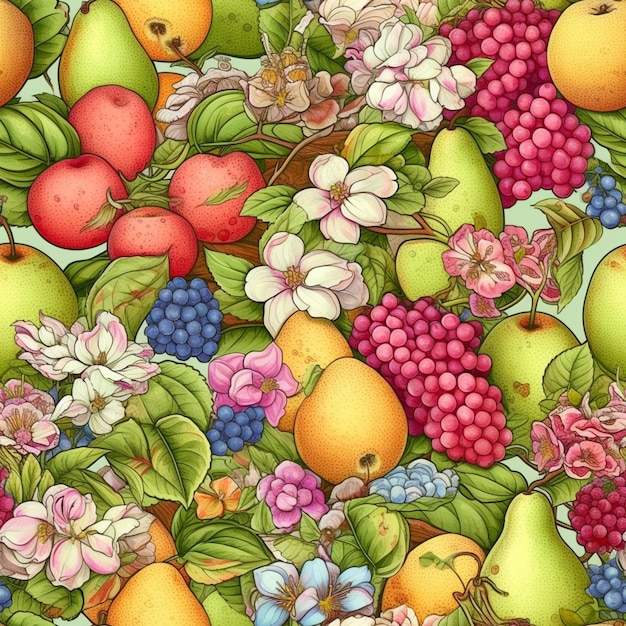 A colorful fruit pattern with fruits and flowers.