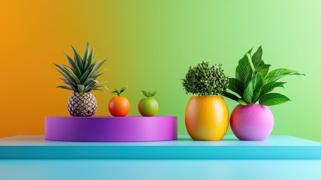 Photo colorful fruit and plant still life with geometric platforms