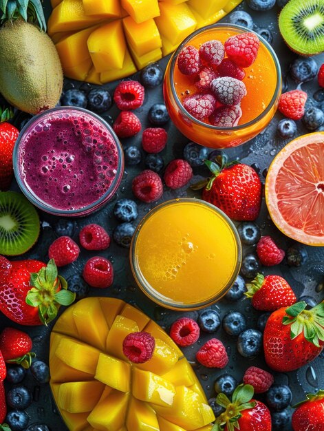 A colorful fruit platter with a variety of fruits including oranges strawberries blueberries and raspberries