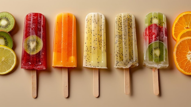 Colorful fruit popsicles arranged neatly on a neutral background