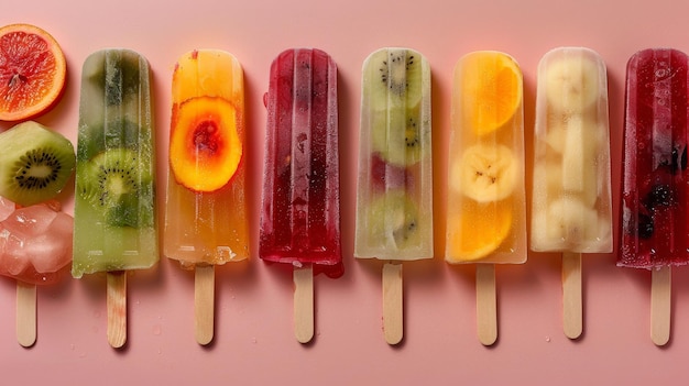 Colorful fruit popsicles on pink background refreshing summer treat