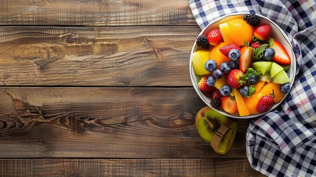 Photo a colorful fruit salad arranged artfully on a wooden table showcasing the vibrant variety of fresh fruits and a kitchen towel