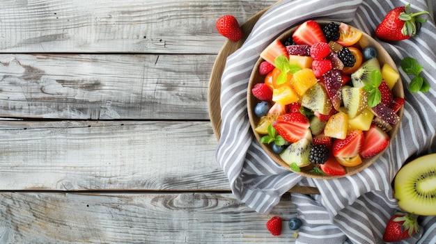 a colorful fruit salad arranged artfully on a wooden table showcasing the vibrant variety of fresh fruits and a kitchen towel