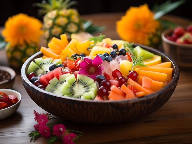 Colorful fruit salad in a watermelon bowl