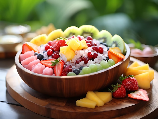 Photo colorful fruit salad in a watermelon bowl