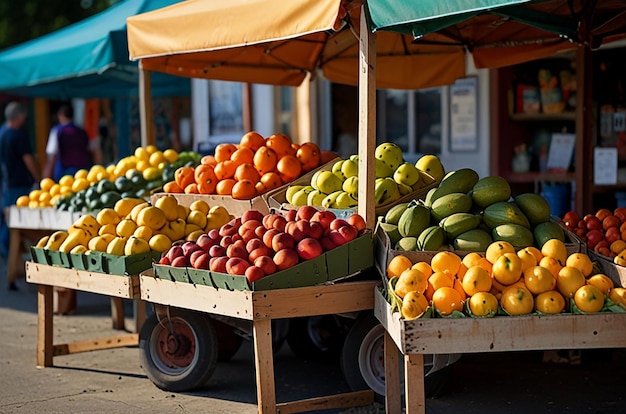 A colorful fruit stand at a farmers market