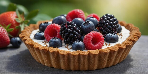 A colorful fruit tart with a buckwheat crust bursting with fresh summer berries