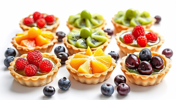 Photo colorful fruit tarts displayed on a white surface with fresh ingredients