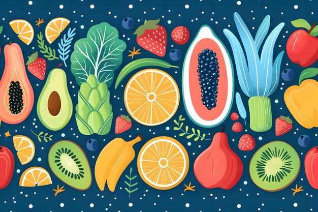 Photo colorful fruit and vegetable pattern vibrant and fresh produce illustration