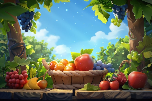 Colorful fruits in a basket on a wooden table in a lush orchard with grape vines