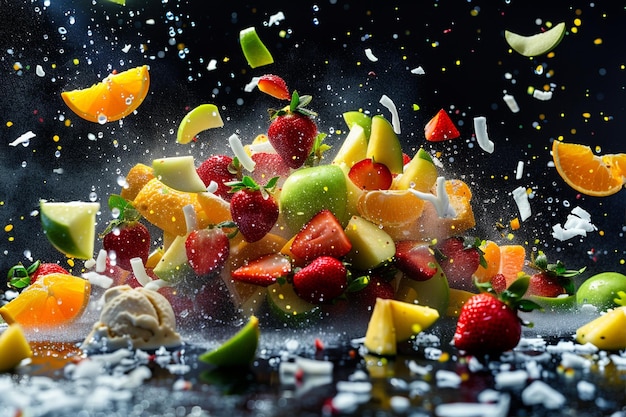 Photo colorful fruits flying in ice cream explosion