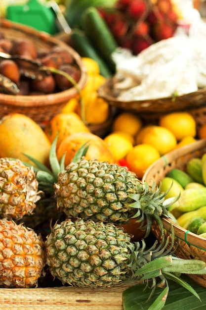 Colorful fruits in the marketplace with variety of organic fruits