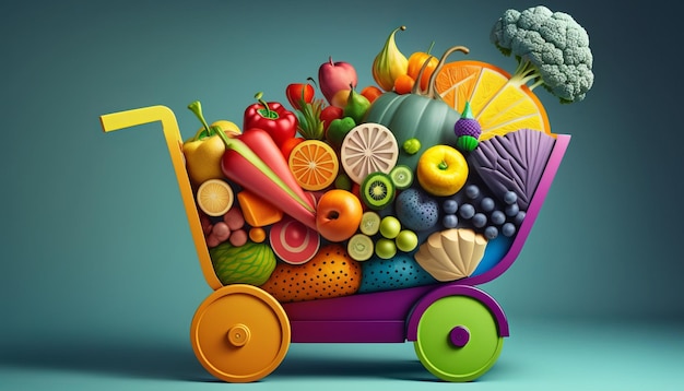 Colorful Fruits and a Playful Puppy in a Shopping Cart