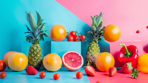 Colorful Fruits and Vegetables on Pink and Blue Background