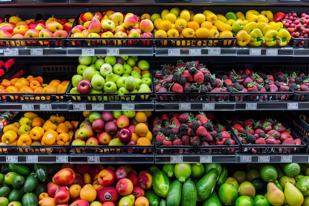 Photo colorful fruits and vegetables in the produce section of the grocery store