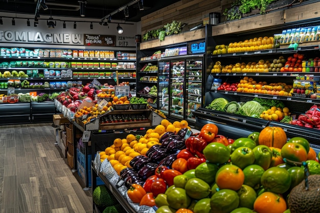 Colorful fruits and vegetables in the produce section of the grocery store